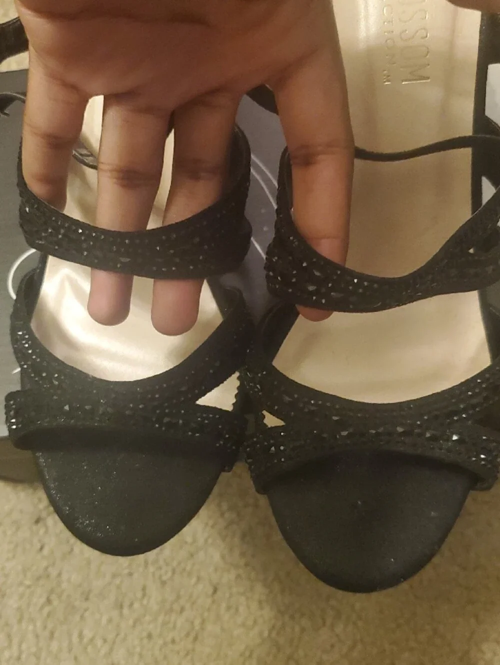 De Blossom Collection Black Rhinestone Strappy Block Heel Sandals